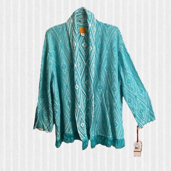 Ruby Rd Cardigan Women's SZ 3X Open Turquoise &White Fringe NWT Hem Long Sleeve - Picture 1 of 10